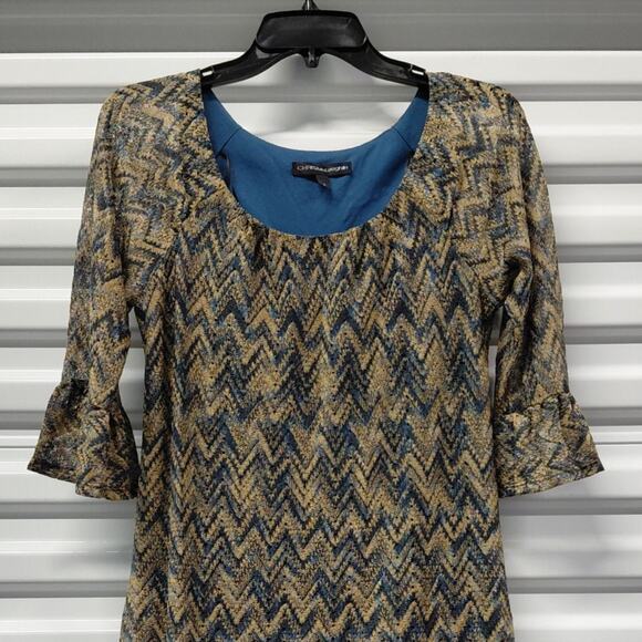 Chris McLaughlin Womens Metallic Chevron Boho Dress Blue Gold Bell Sleeve Size 8 - Picture 5 of 9